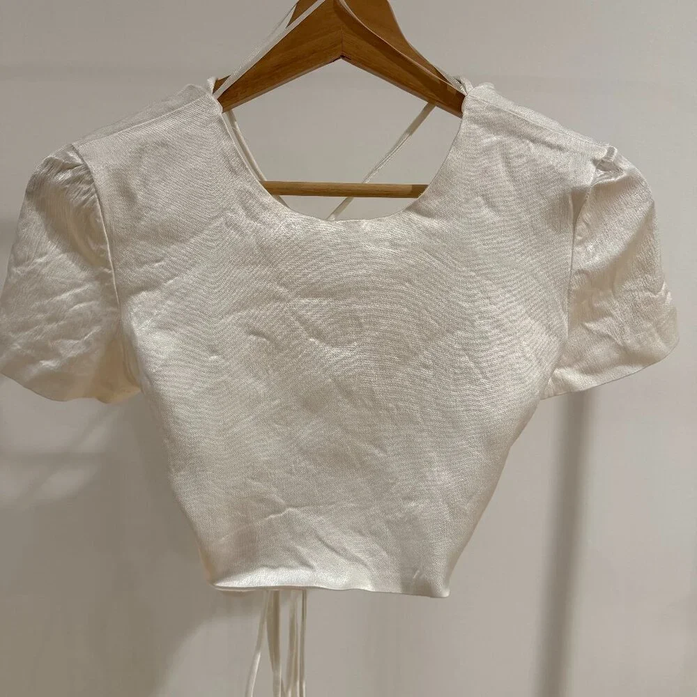 Zara White Satin Crop Top Tie Back Short Sleeve Size M EU 38 - Picture 3 of 7